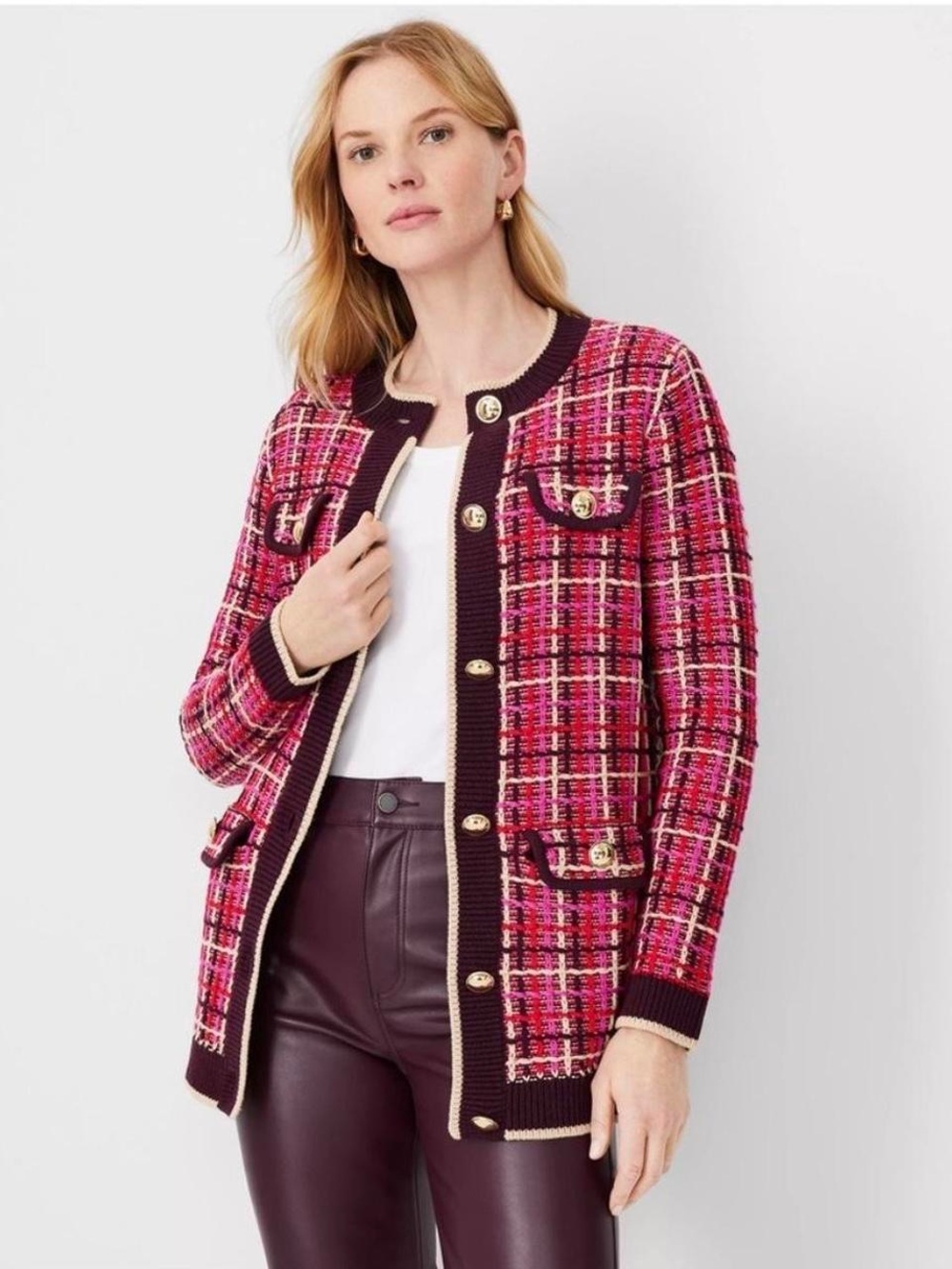 Ann Taylor Pink Tweed Long Cardigan Jacket with Gold Buttons